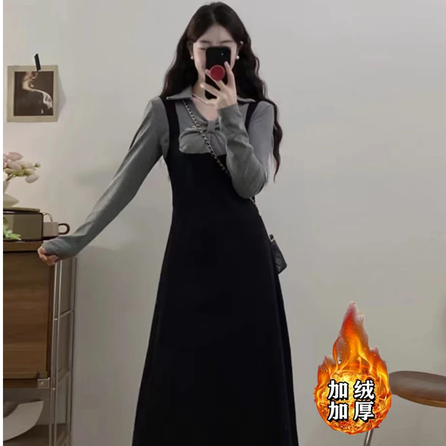 【清仓】高级感连衣裙秋冬时尚假两件小黑裙胖MM遮肚子显瘦裙子1688