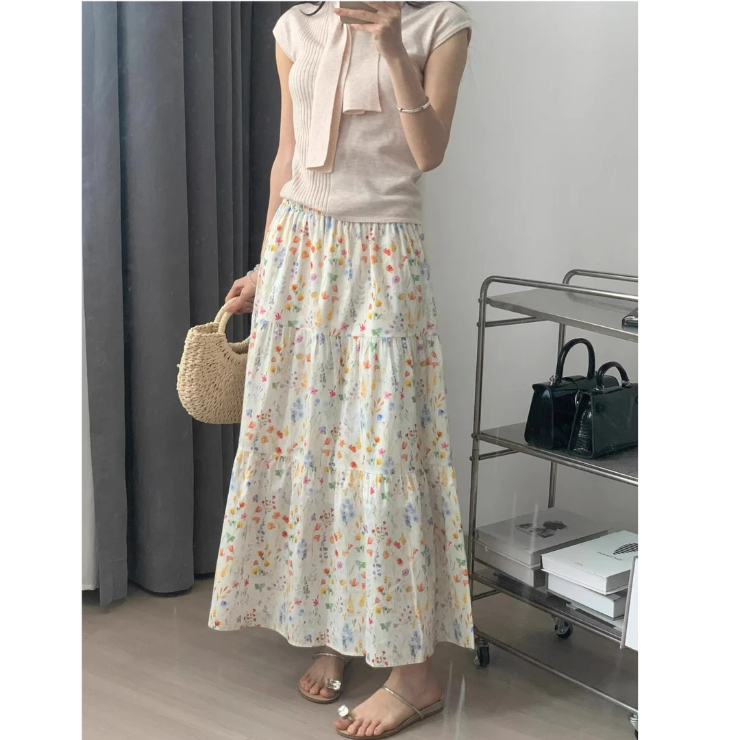 韩系碎花半身裙女夏季新款高腰大码胖mm宽松显瘦气质a字大摆裙子