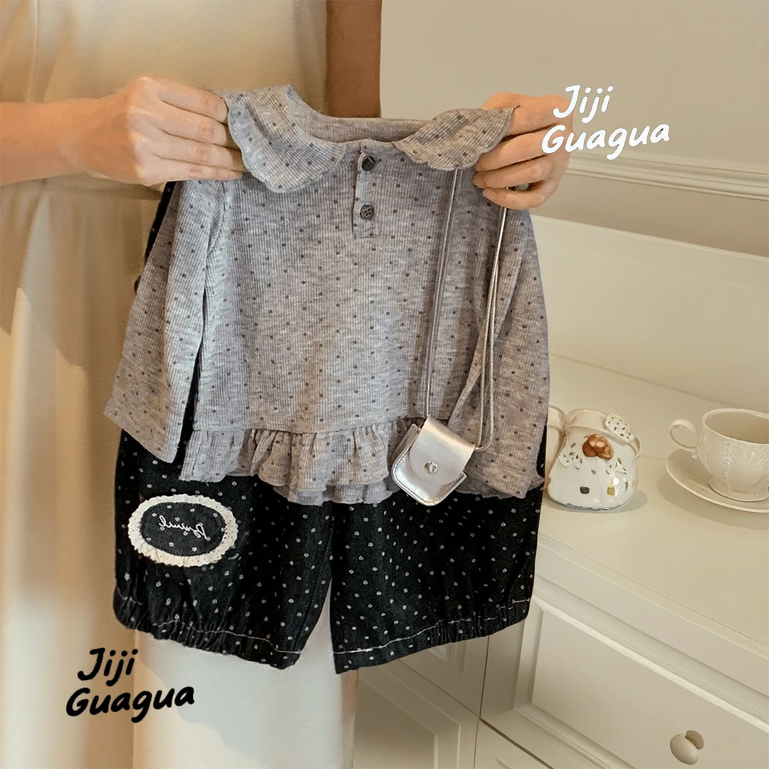 女童春秋季荷叶领排扣长袖拼接上衣女孩韩版套装宝宝波点宽松裤子