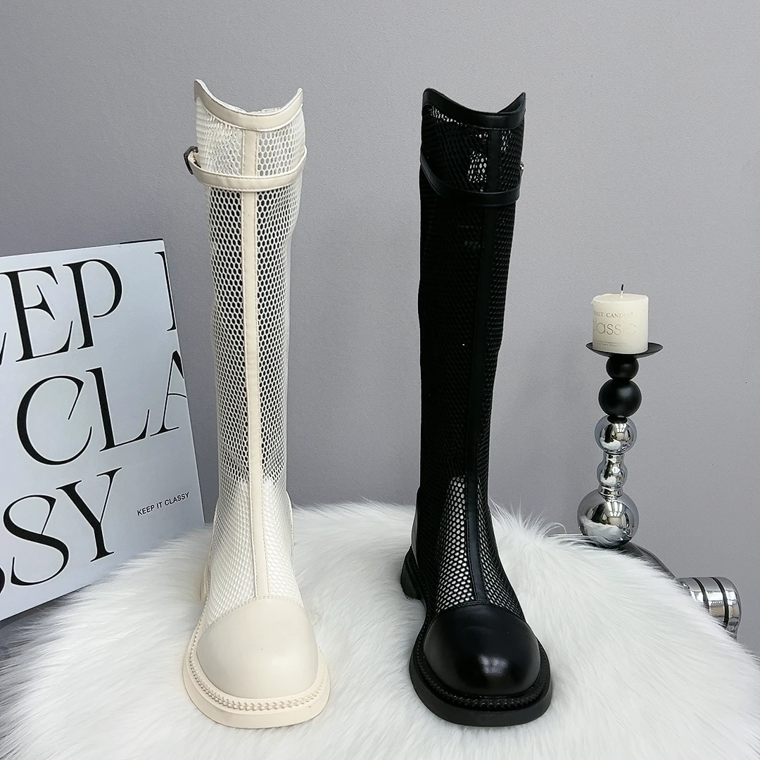 [胖瘦两筒围]网纱镂空长筒靴女骑士靴新款高个子平跟网靴瘦瘦靴