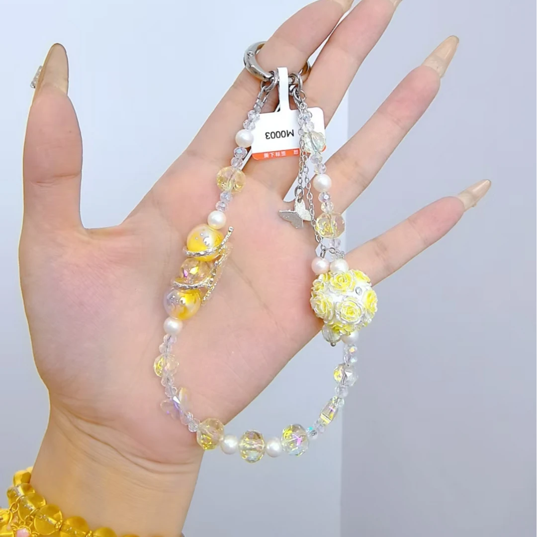 161创意可爱防丢时尚花朵流苏水晶手机链挂件ins