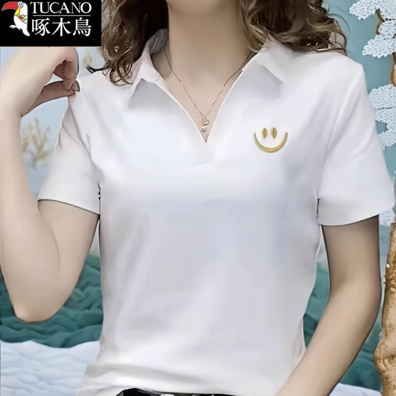啄木鸟正品2025年夏季POLO领短袖刺绣T恤女新款简约通勤洋气上衣