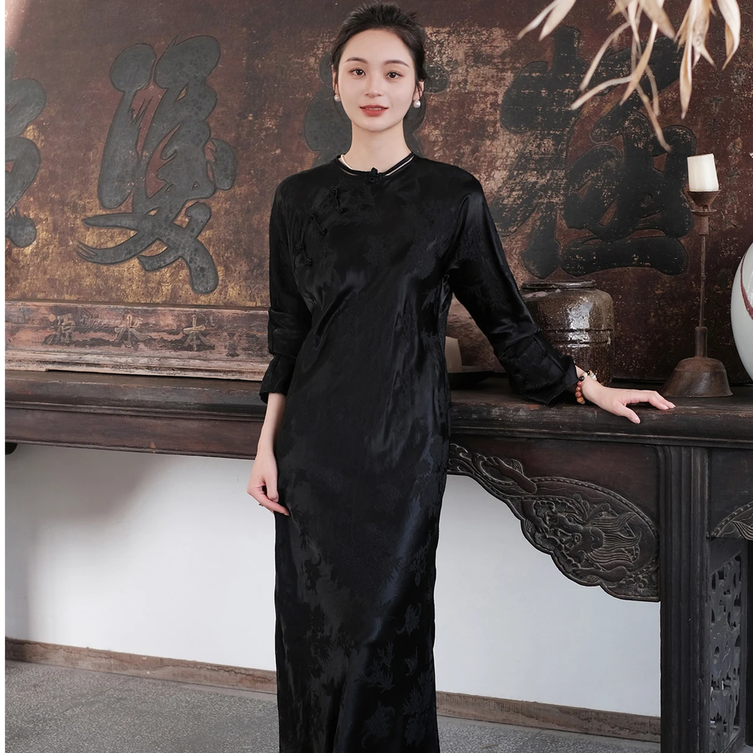 盛唐牡丹|梅兰竹菊 松鼠葡萄 真丝冠乐皱斜襟旗袍裙