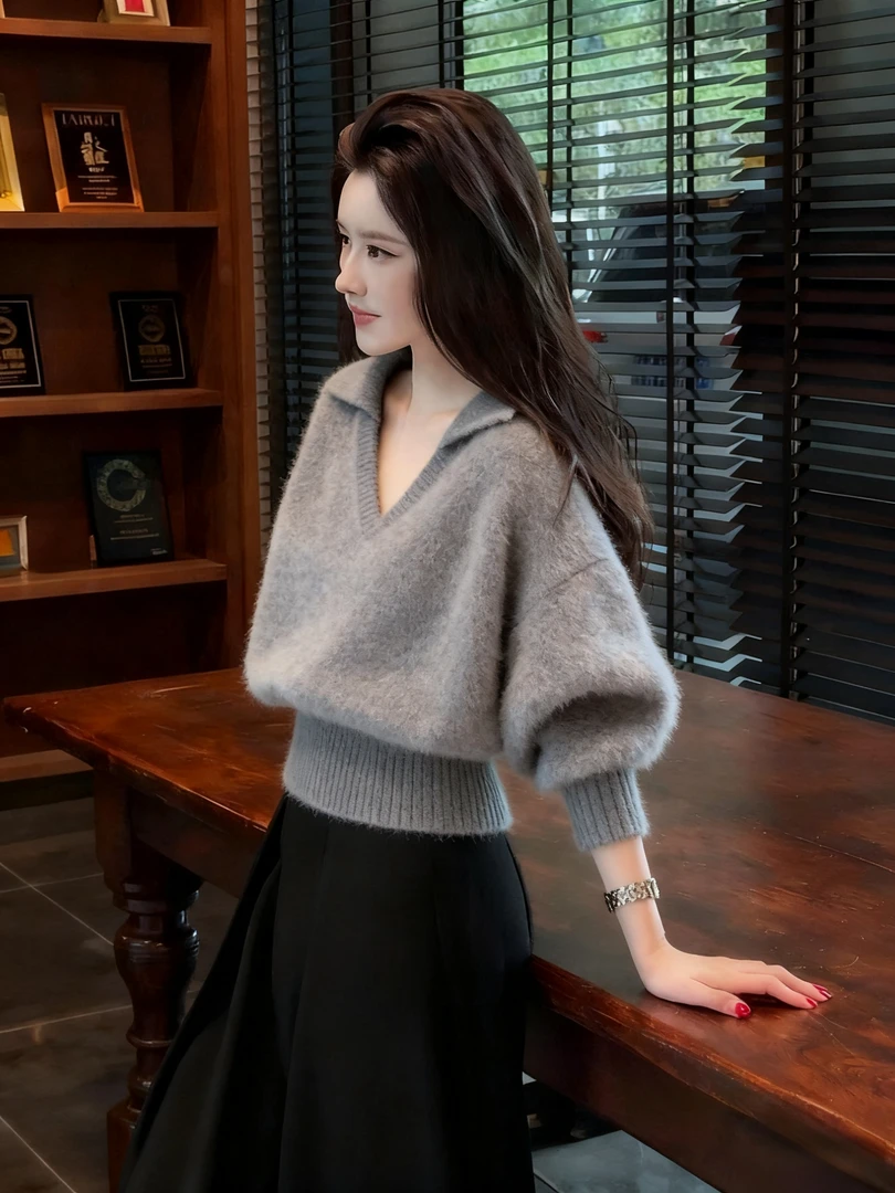 法式温柔风复古软糯高级感针织毛衣女秋冬宽松慵懒风翻领休闲上衣