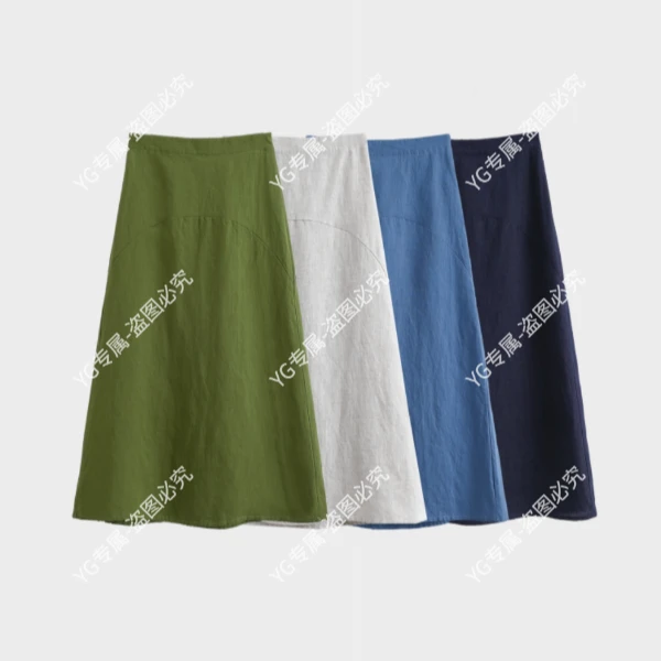 YG2085新款亚麻半身裙显瘦纯色拼接A字裙休闲风薄款韩版百搭高腰