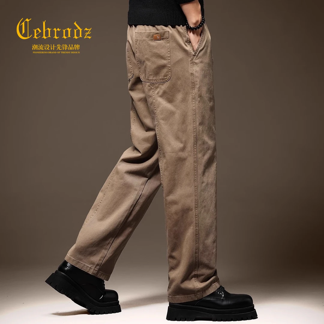 Cebrodz大码卡其色休闲裤男士秋季新款高端重磅宽松直筒长裤百搭