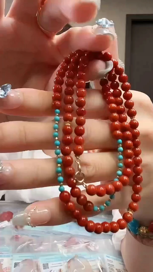 项链18K金镶嵌南红玛瑙/18K金+绿松石设计款/5mm/60cm
