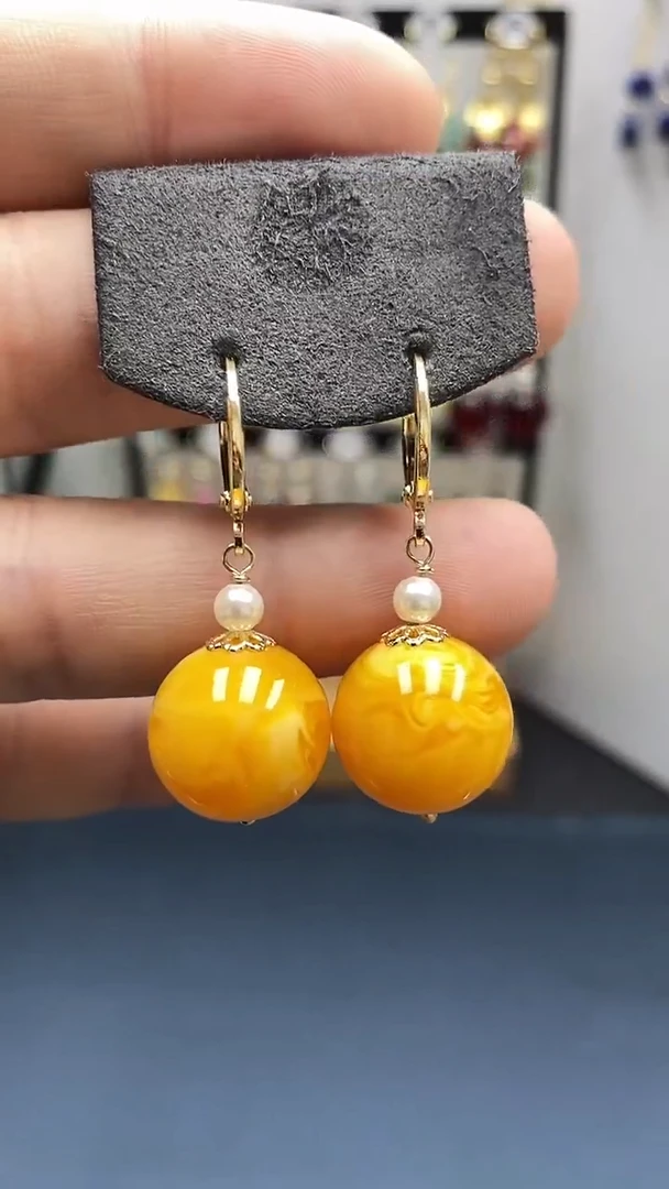 【闪购商品】蜜蜡耳饰银S925镀金镶嵌尺寸16mm耳扣06