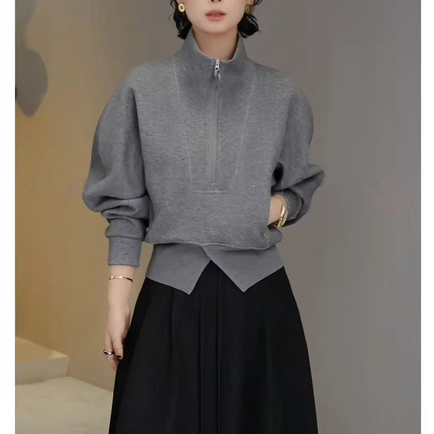 1542秋季倒三角螺纹松紧开又半拉链立领长袖卫衣