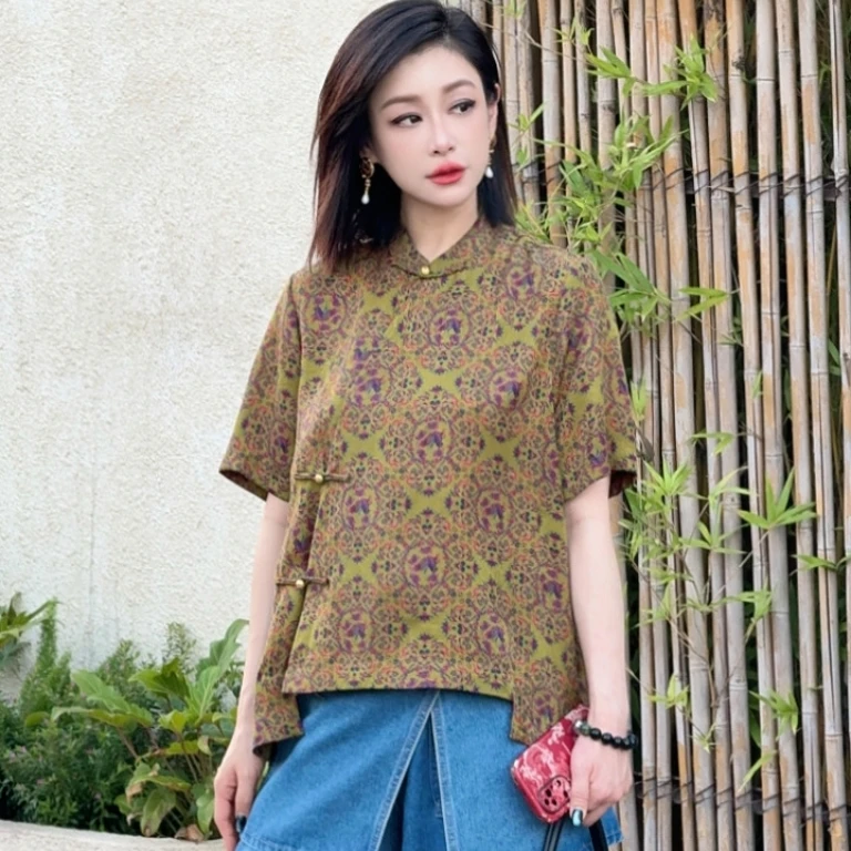 ZICOZYEE美满【鹊来报喜】新中式短T提花国风上衣夏季民族风复古