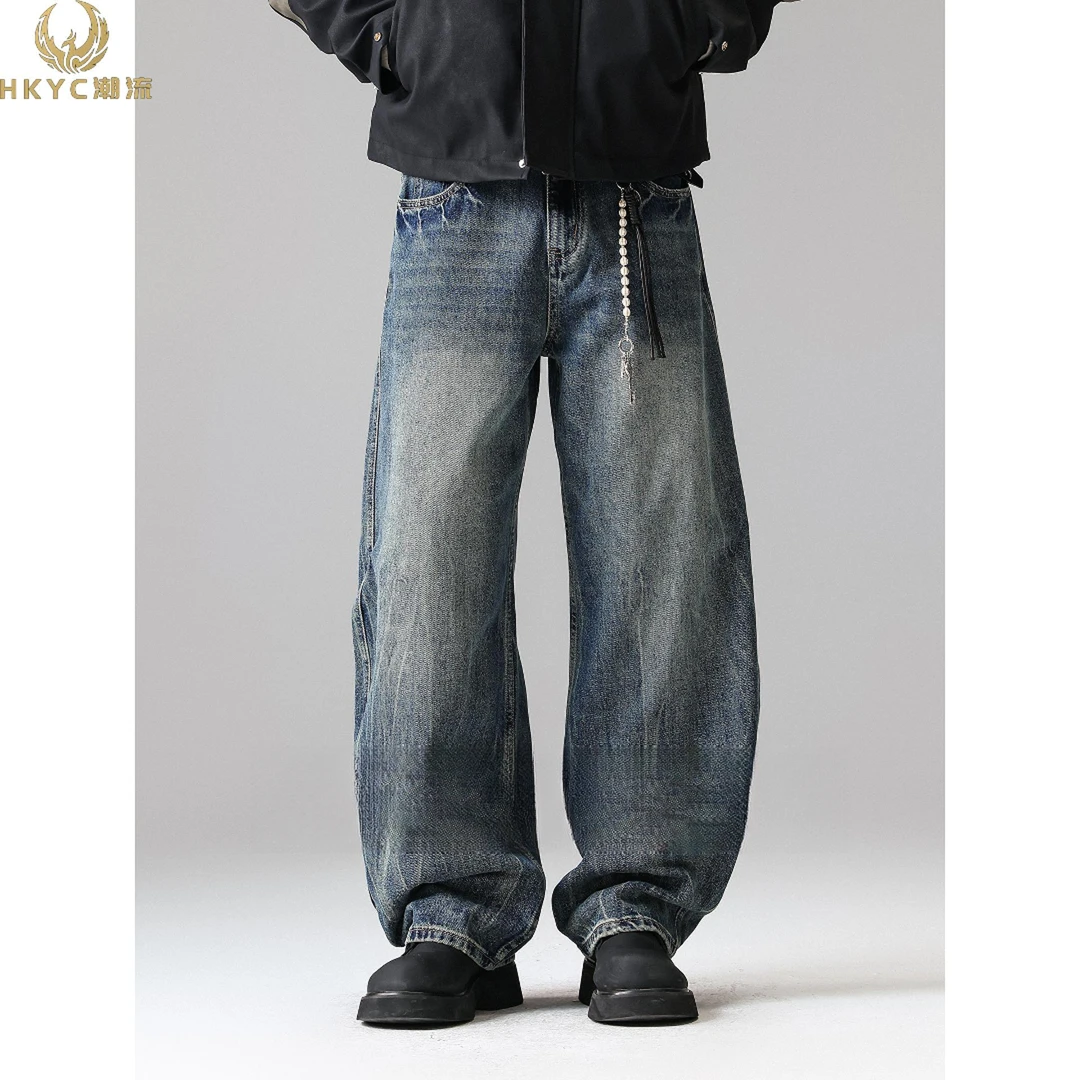 HKYC2025秋冬新品美式潮牌水洗做旧牛仔裤男秋冬直筒宽松长裤