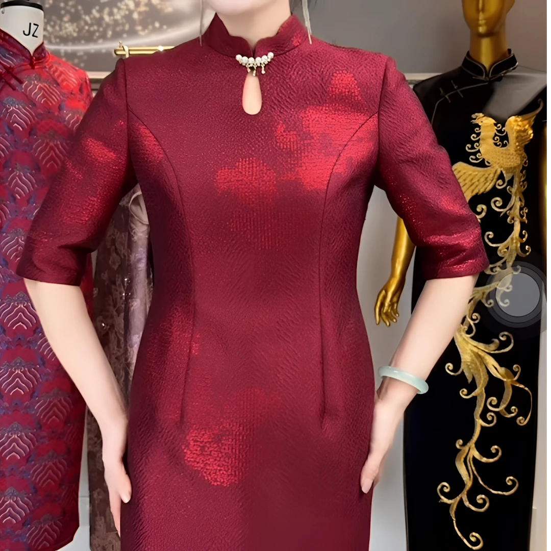 婚宴酒红中长款旗袍中袖立领喜婆婆喜妈妈宴会旗袍礼服