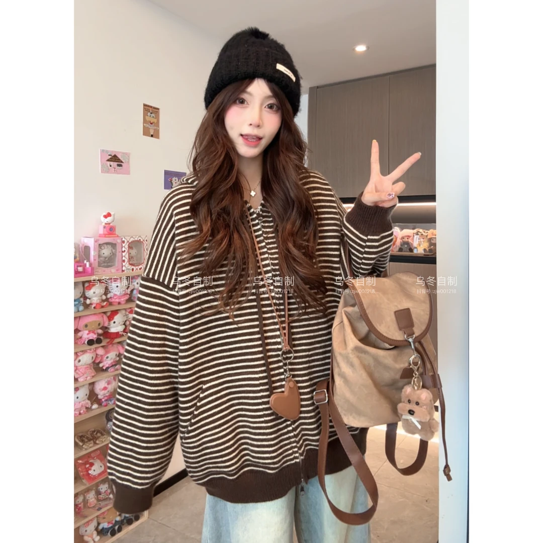 【乌冬自制】“可可奶咖”学院风针织条纹外套宽松休闲拉链连帽毛衣