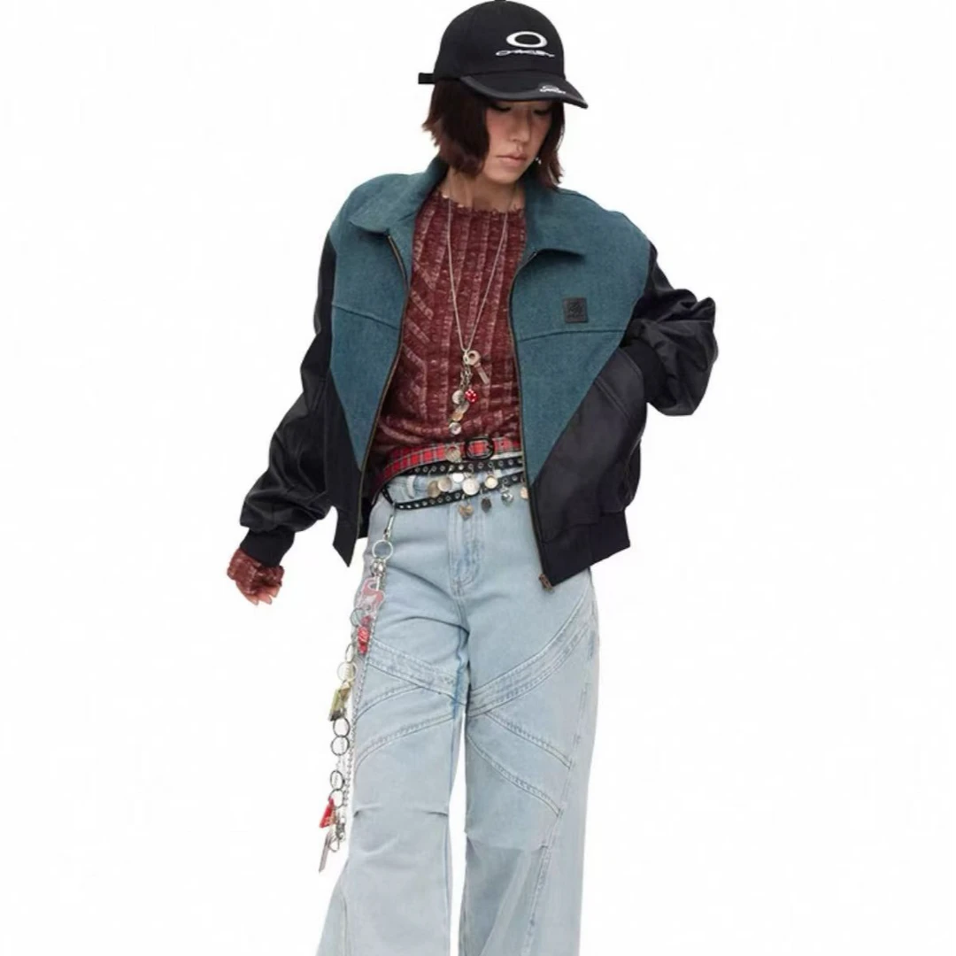 【奥体自播】百搭慵懒风浅蓝水洗拼接牛仔裤垂感阔腿长裤女