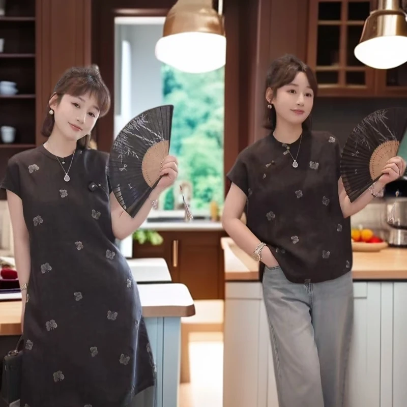 【蝴蝶款】新中式国风蝴蝶印花短袖女夏季新时尚丝滑透气上衣21015！