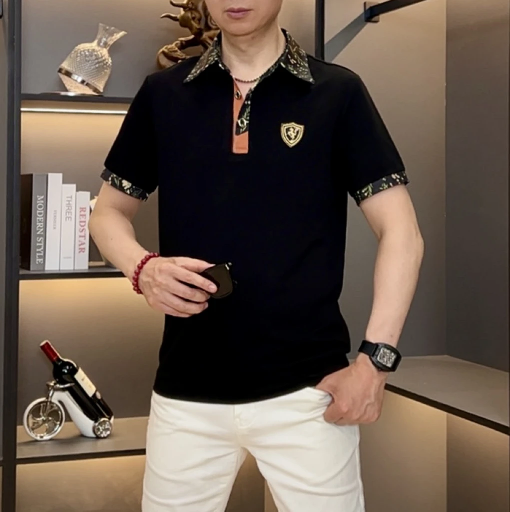 2025夏花枝金马男士上衣休闲商务男士翻领轻奢时尚百搭潮流Polo衫