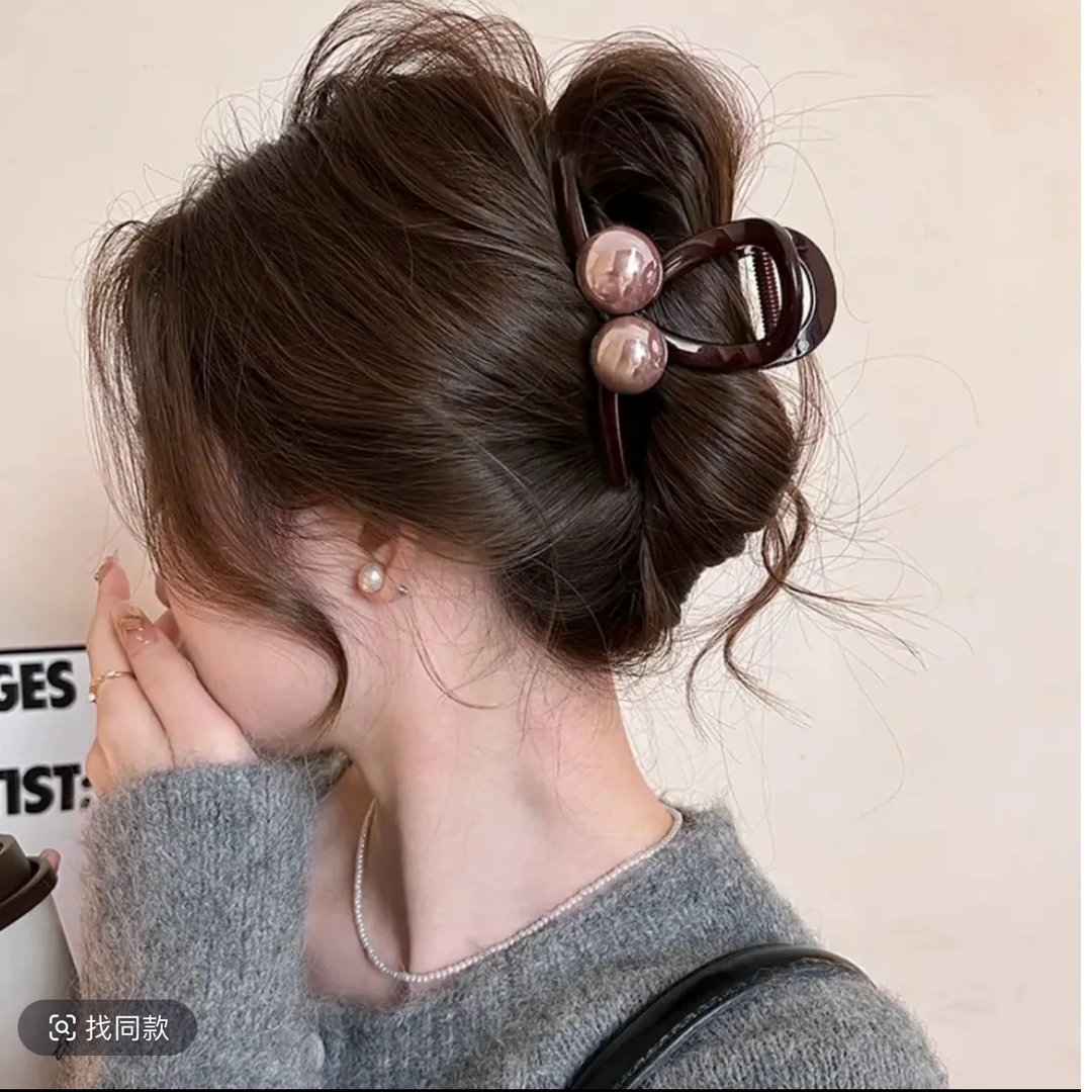 复古咖色珠珠2025年新款后脑勺盘发大号鲨鱼夹发夹后脑勺抓夹