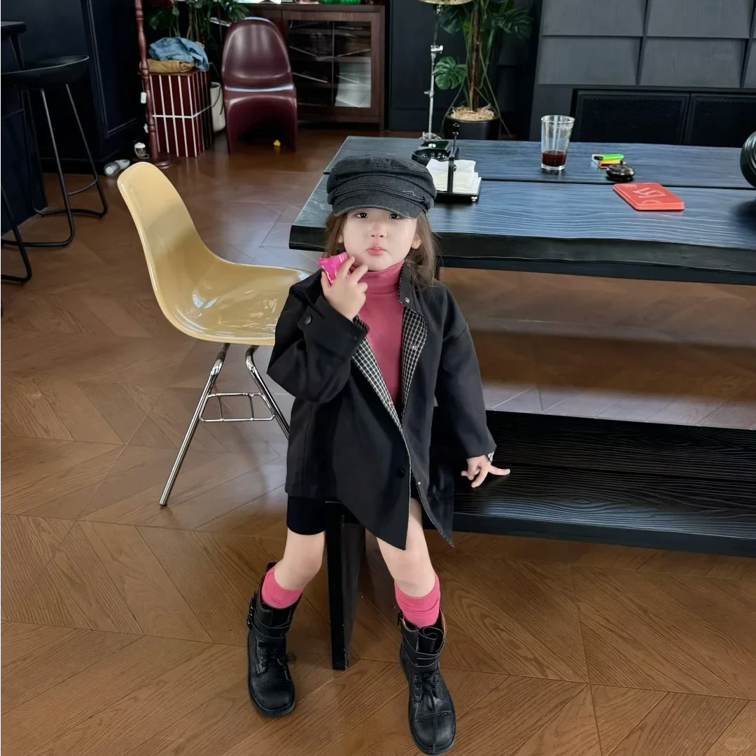 壹妈童装女童时尚套装2025秋冬新款洋气儿童两面穿风衣外套骑行裤