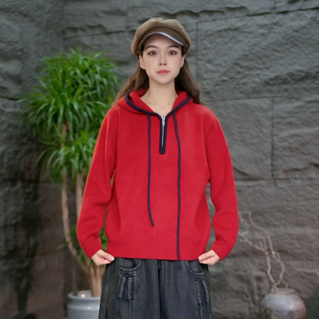 【羊毛针织衫连帽毛衣】女宽松大码显瘦百搭女士休闲外穿套头上衣