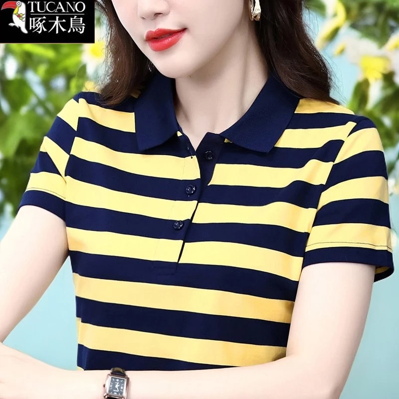 啄木鸟新款条纹拼接撞色T恤女ins2025年夏季薄款纽扣翻领短袖上衣