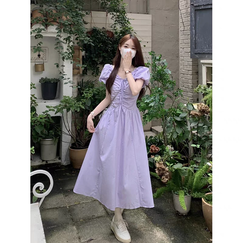 【橙子】法式初恋甜美泡泡袖连衣裙子夏季小众收腰显瘦长裙子D0879