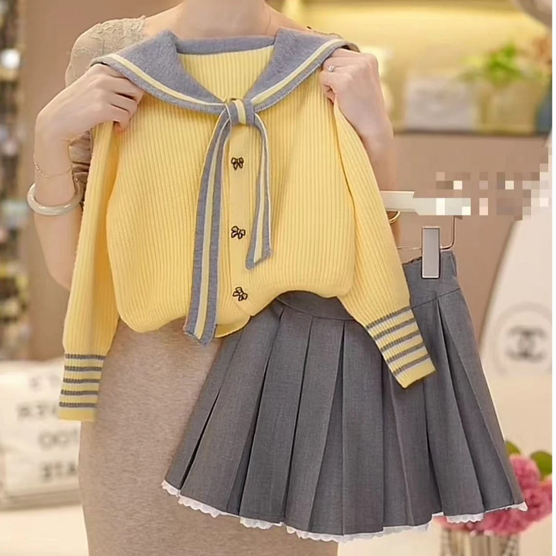 女童学院风针织衫百褶裙套装2025新款儿童假两件毛衣开衫外套春装