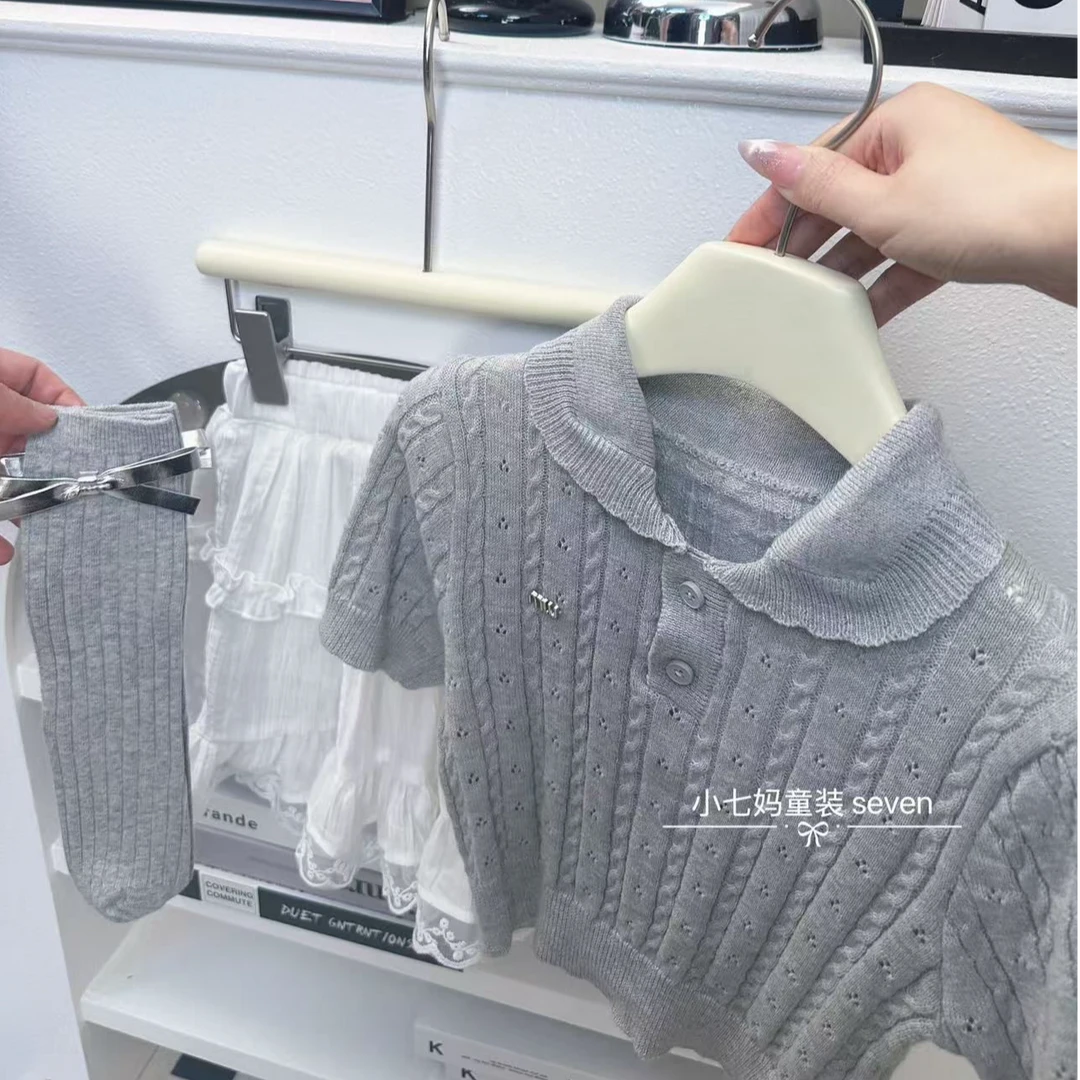 夏季休闲风学院风千金风女套装童装女童针织外套上衣纯色儿童女童