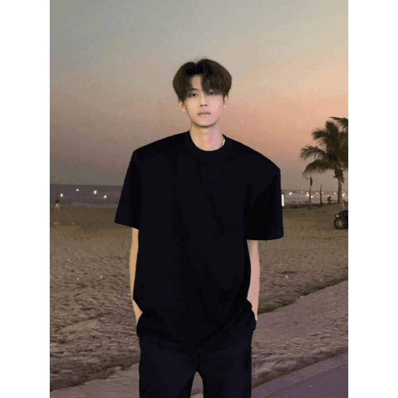 cleanfit穿搭重磅黑色短袖t恤男款夏季美式休闲五分袖纯棉打底衫