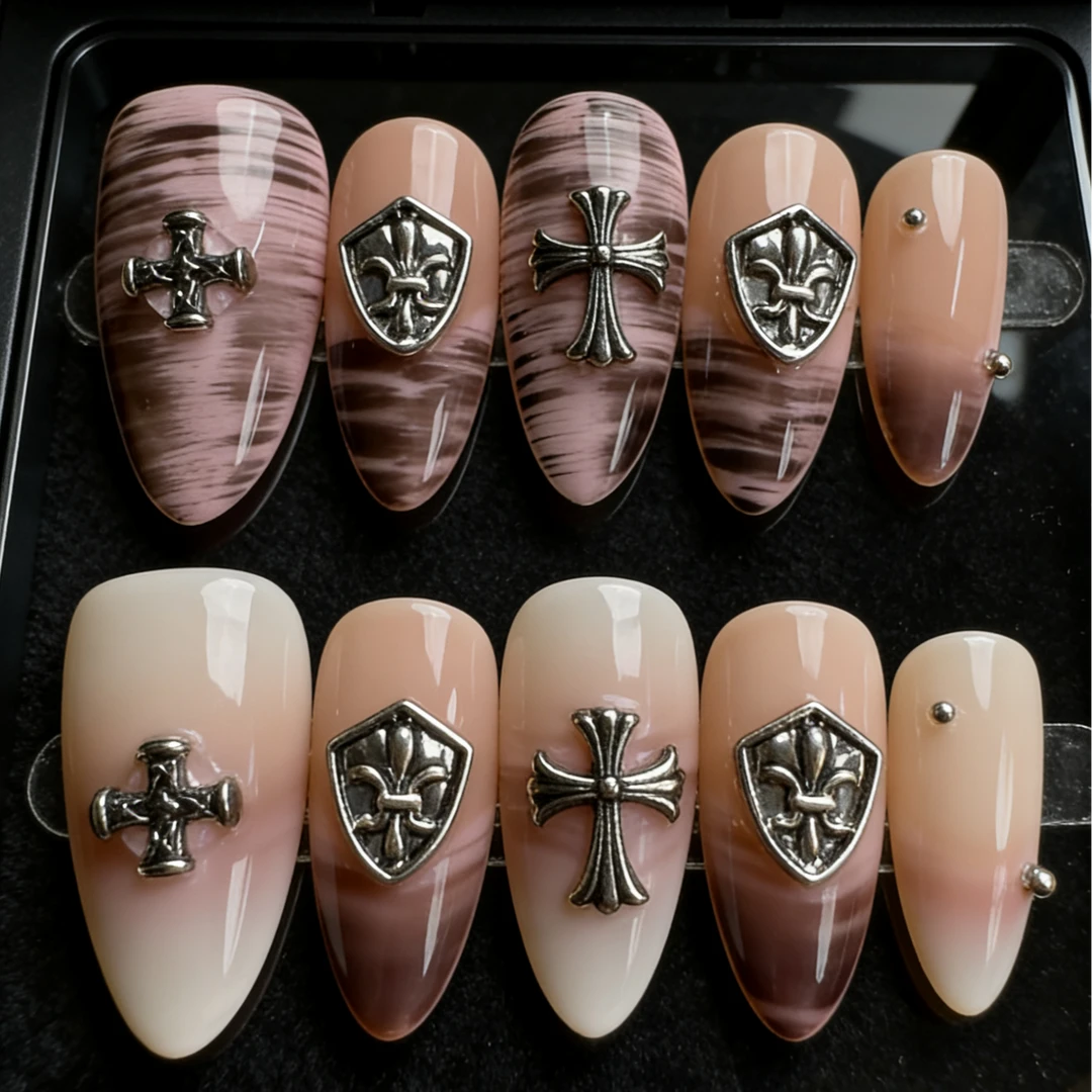 手工腮红猫眼爆闪十字架穿戴甲气质高级显白美甲贴片