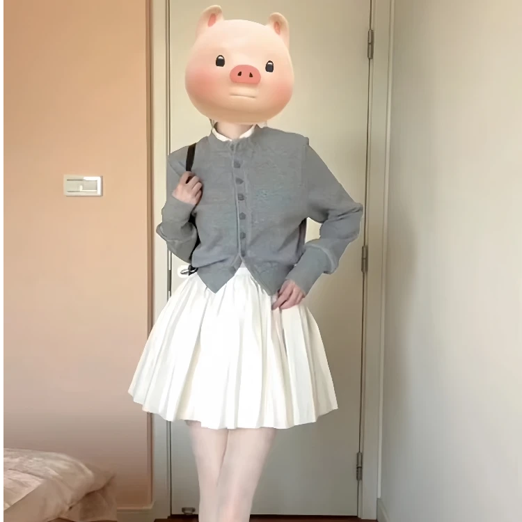 2025超火小个子穿搭减龄灰色毛衣开衫芭蕾风高腰蓬蓬短裙两件套装