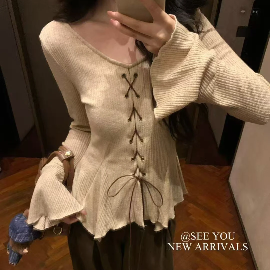 2025早秋潮系带打底衫收腰显瘦上衣小个子内搭长袖洋气V领T恤衫女