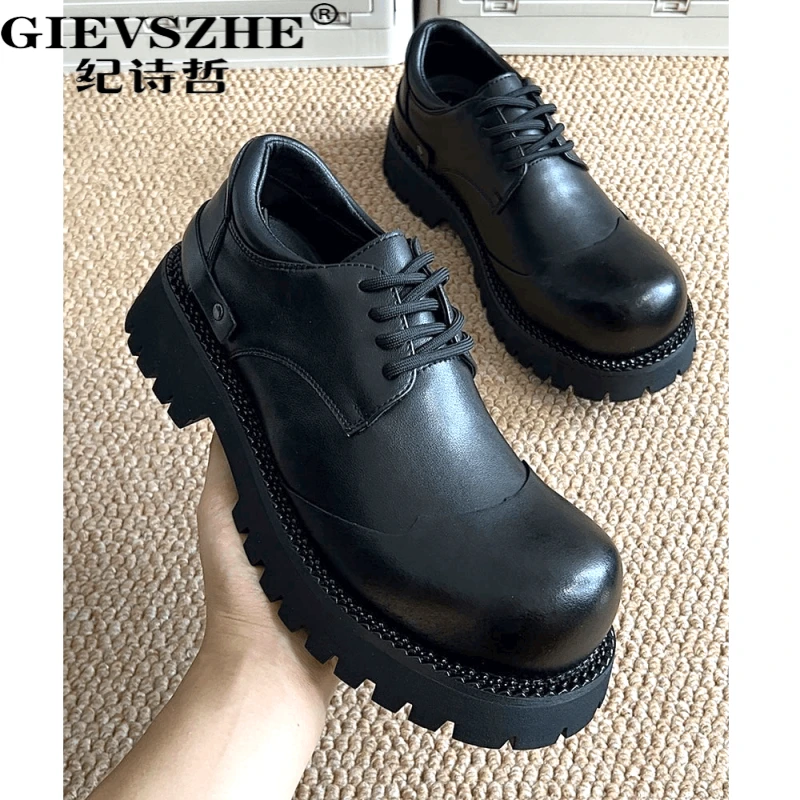 纪诗哲翘头德比鞋男真皮大头皮鞋秋季新款厚底增男式暗黑德比皮鞋