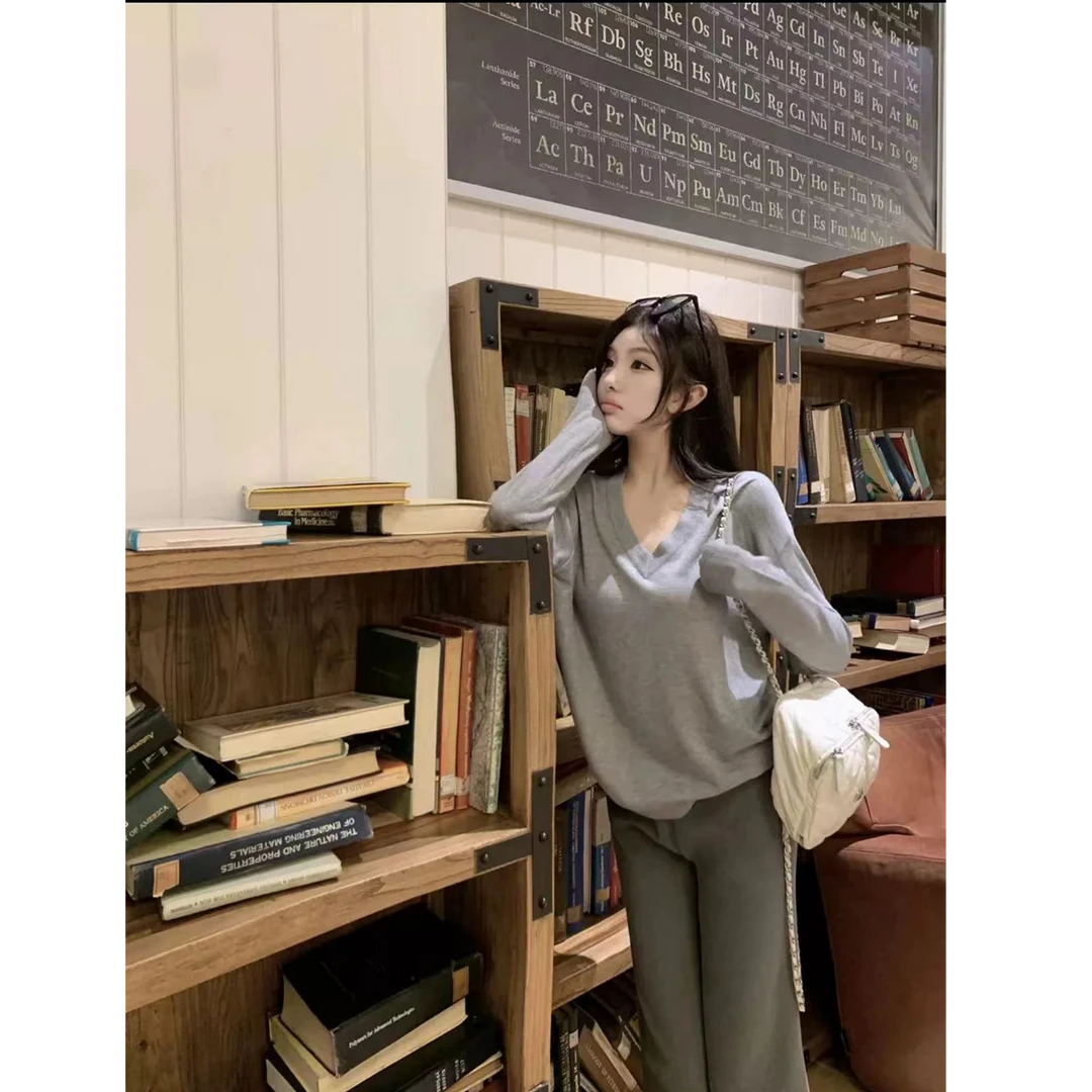福利--拍下编码--百搭宽松长袖时尚慵懒风气质外穿V领针织衫女