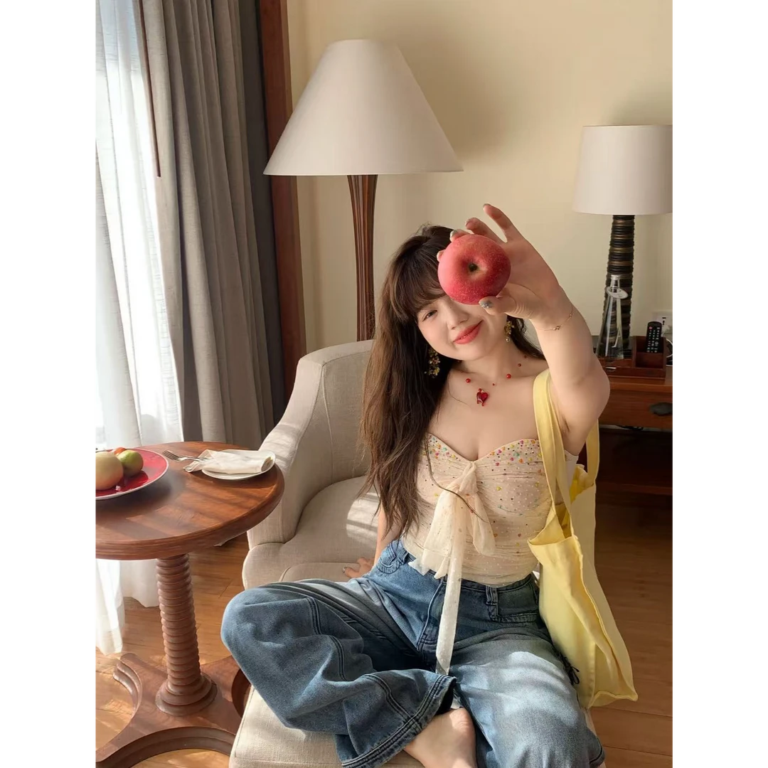 【现货】米米子“彩虹蒸汽波”彩色爱心贴钻波点网纱系带抹胸上衣夏季