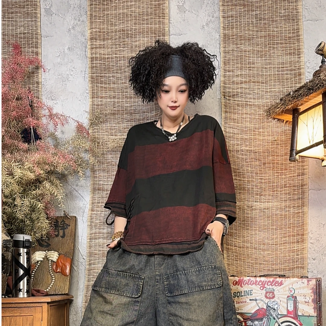 7797款夏季宽松时尚百搭炒色做旧针织条纹T恤【衣长60胸围140】