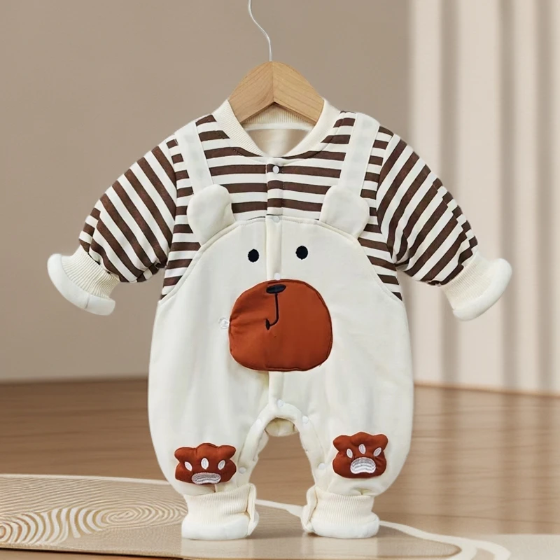 婴儿秋冬季爬服夹棉小熊幼儿连身衣秋冬加棉宝宝条纹外出服