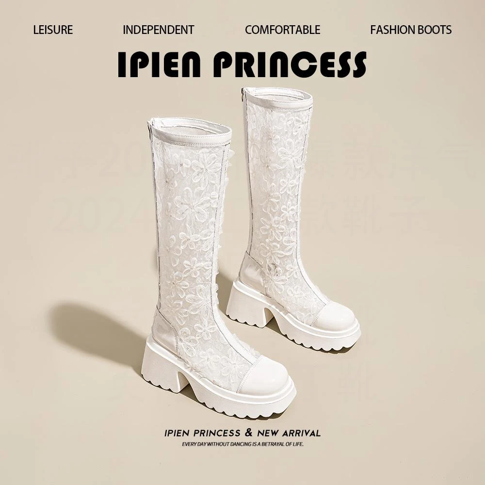薄款透气蕾丝网纱凉靴2025夏季新款白色厚底长筒靴女增高骑士靴子