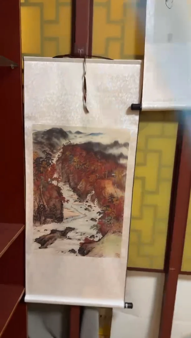 竖款丝绢版秋溪放筏