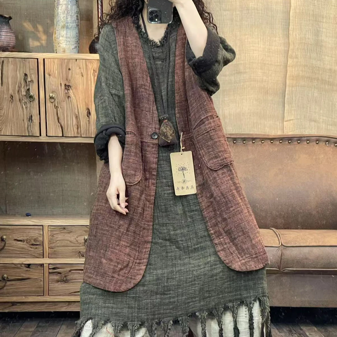 [四月阳光]春季亚麻炒色做旧中长款女士休闲马夹(长90胸围118)