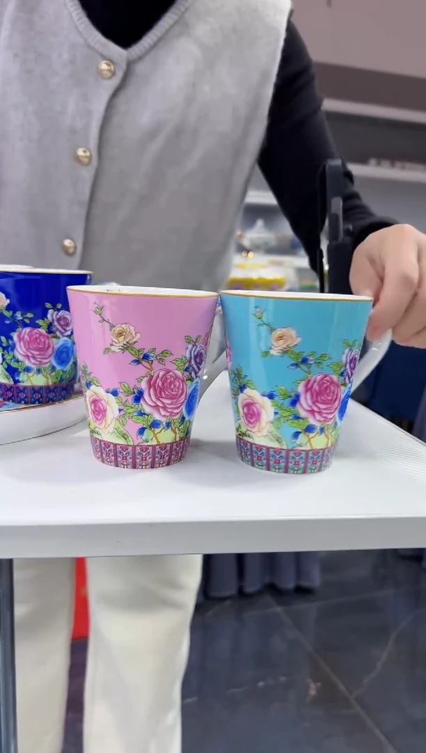 珐琅 牡丹花卉水杯2只装景德镇