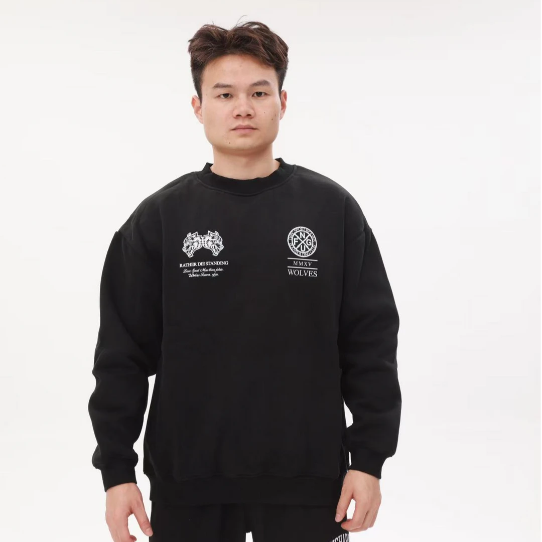 DARCSPORT狼头无帽绒毛宽松圆领秋冬运动男士长袖休闲白色卫衣