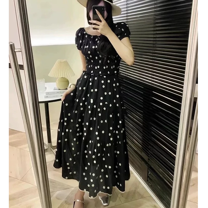 欧货～加长，苎麻棉，波波短袖方领连衣裙，均码，显瘦，百搭