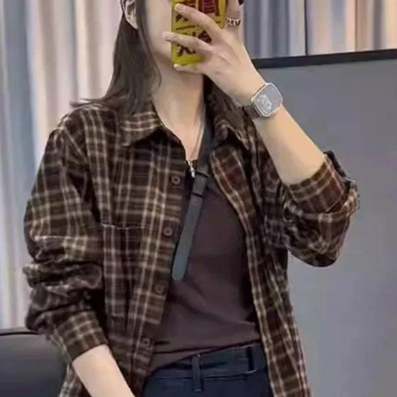 美式复古长袖格子衬衫气质新款时尚慵懒风设计感小众上衣女衬衣女