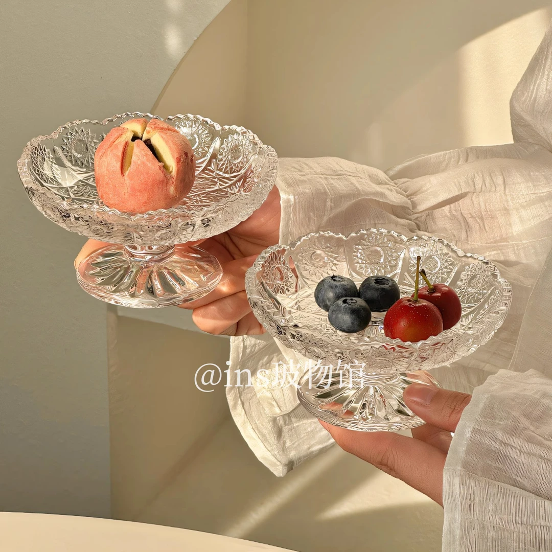 玻璃高脚水果盘家用创意小号精致甜品点心零食摆放盘糖果盘子前台