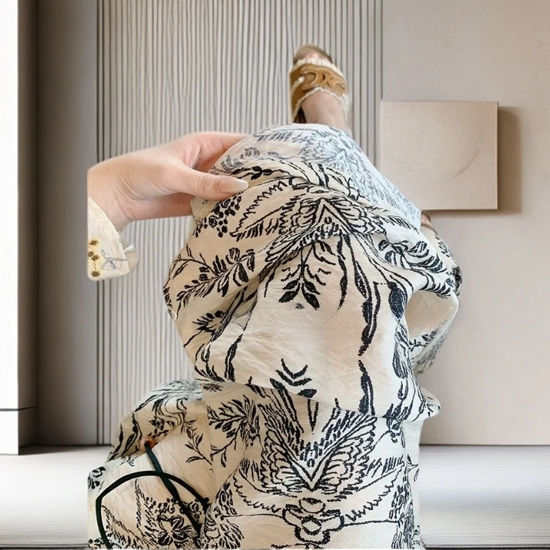 【雅岚女装】时尚洋气显瘦水墨印花抽绳直筒休闲裤女款慵懒垂感