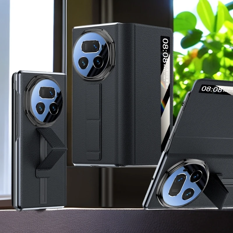 适用荣耀magicv5滑轨式腕带真皮高档防摔轻薄翻盖式保护壳磁吸款