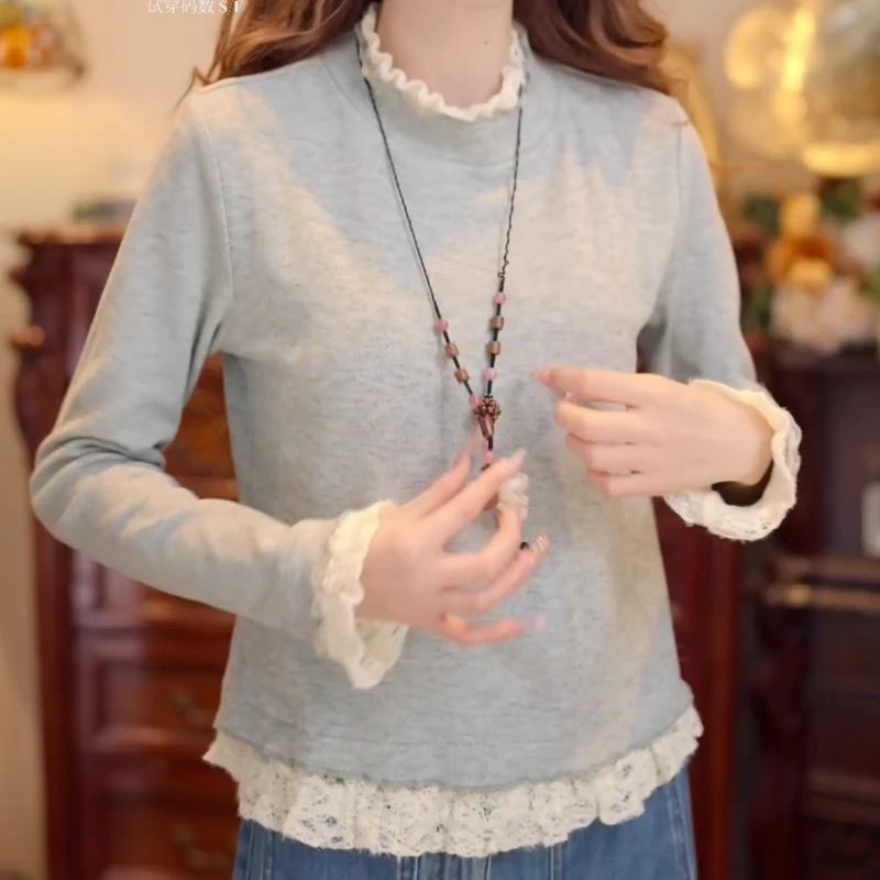 【竹声入画】港风复古加绒百搭蕾丝休闲针织打底衫LK2507138