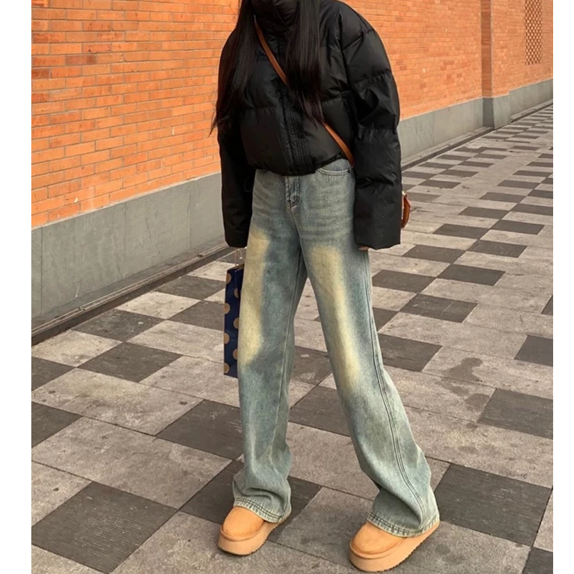 [严]阔腿牛仔裤女春季新款浅色小个子宽松垂感直筒长裤子