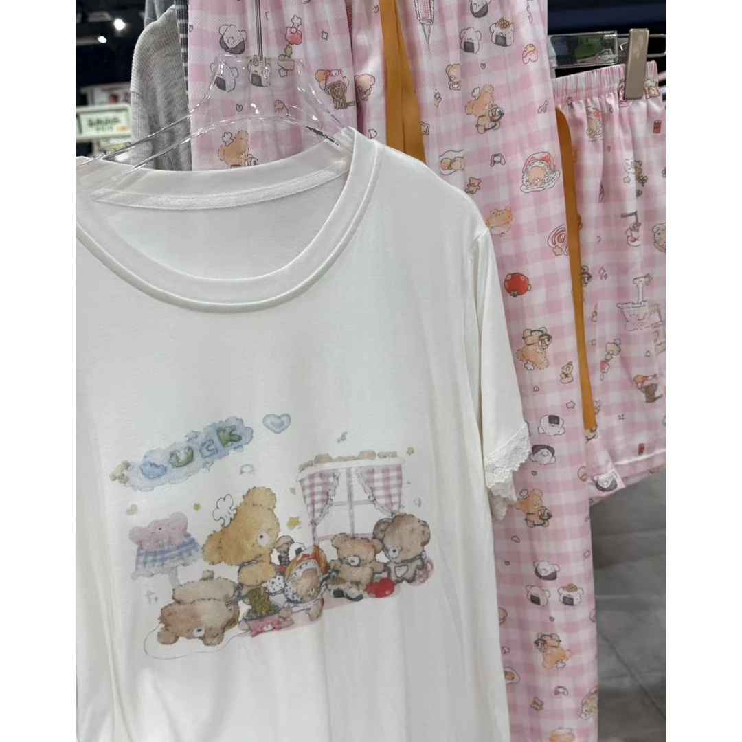夏季新款小熊屋短袖三件套带杯垫睡衣可爱减龄透气舒适女套装2302