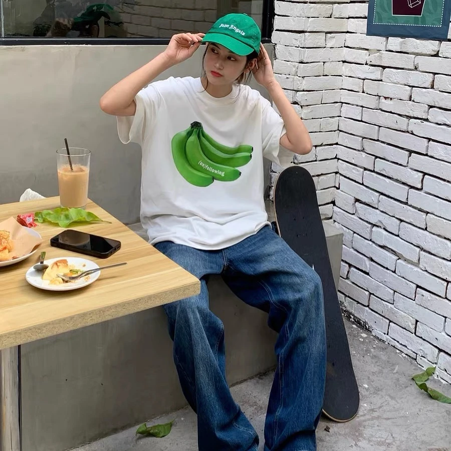 SLND 夏季香蕉印花圆领短袖落肩款男女生百搭宽松白色T恤上衣潮